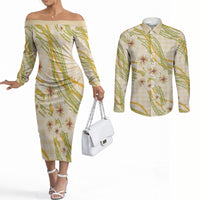 Melemele Ahiahia Hawai'i Palaka Plumeria Couples Matching Off The Shoulder Long Sleeve Dress and Long Sleeve Button Shirt Puakenikeni and Maile Lei
