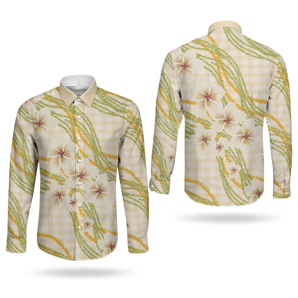 Melemele Ahiahia Hawai'i Palaka Plumeria Couples Matching Off The Shoulder Long Sleeve Dress and Long Sleeve Button Shirt Puakenikeni and Maile Lei