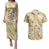 Melemele Ahiahia Hawai'i Palaka Plumeria Couples Matching Puletasi and Hawaiian Shirt Puakenikeni and Maile Lei