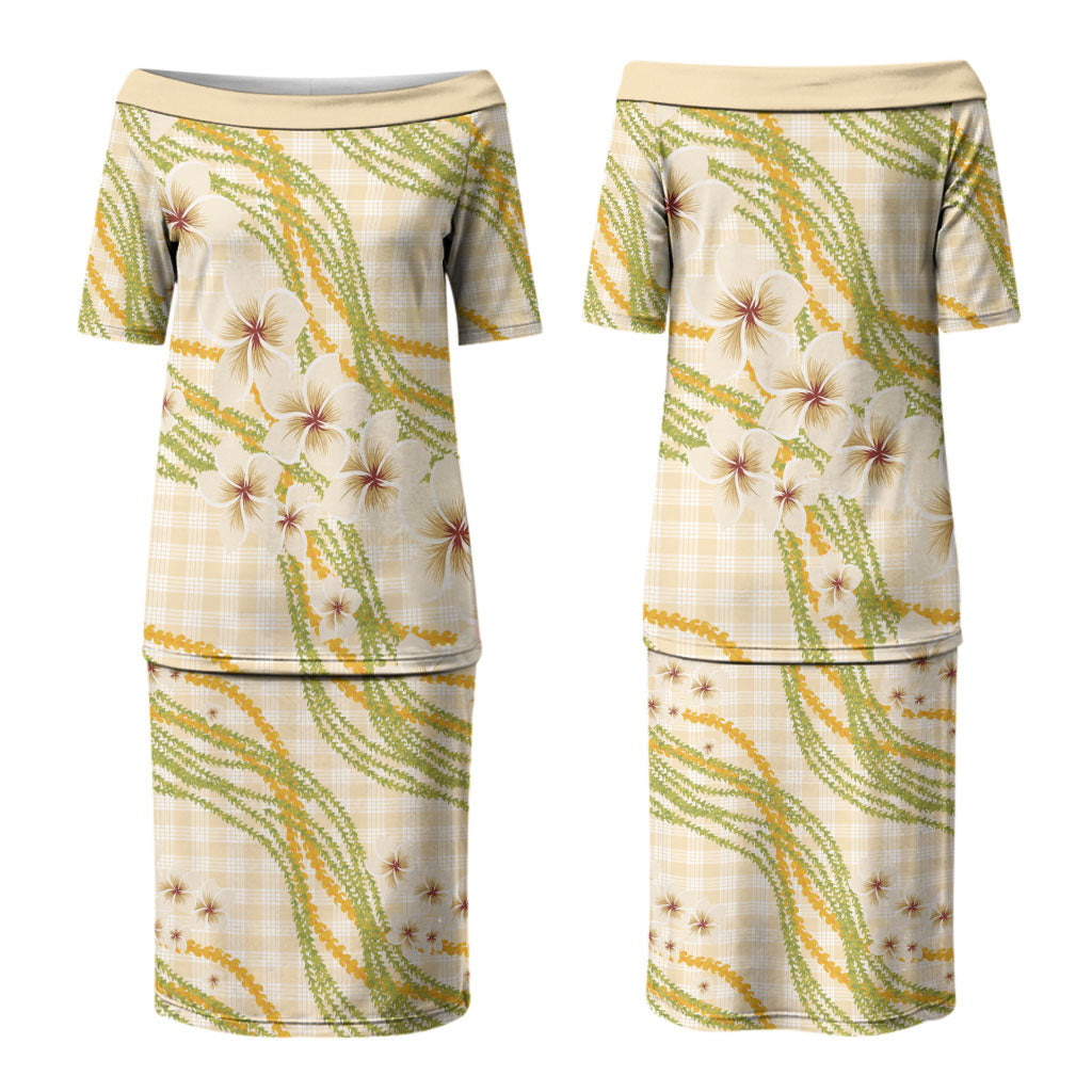 Melemele Ahiahia Hawai'i Palaka Plumeria Couples Matching Puletasi and Hawaiian Shirt Puakenikeni and Maile Lei