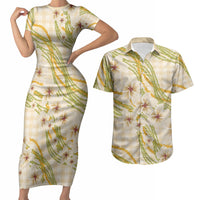 Melemele Ahiahia Hawai'i Palaka Plumeria Couples Matching Short Sleeve Bodycon Dress and Hawaiian Shirt Puakenikeni and Maile Lei