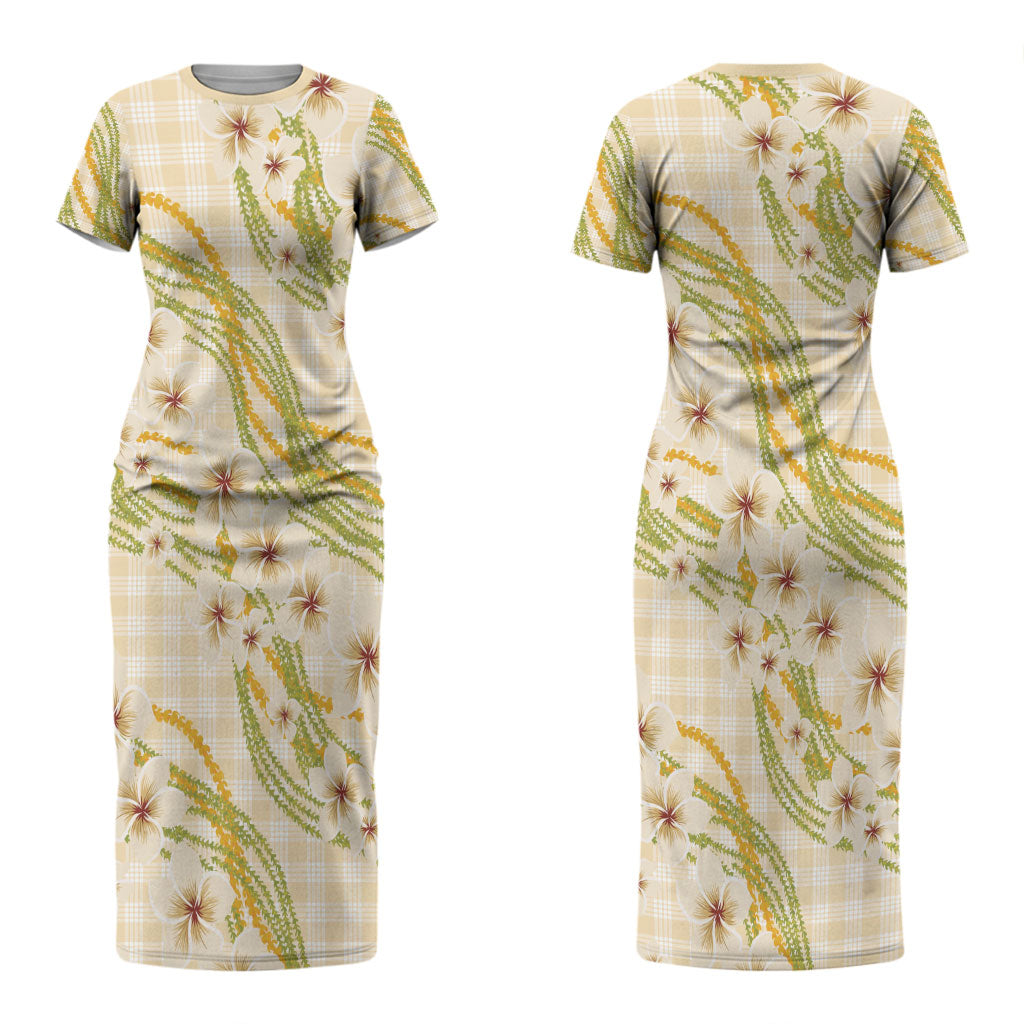 Melemele Ahiahia Hawai'i Palaka Plumeria Couples Matching Short Sleeve Bodycon Dress and Hawaiian Shirt Puakenikeni and Maile Lei