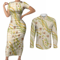 Melemele Ahiahia Hawai'i Palaka Plumeria Couples Matching Short Sleeve Bodycon Dress and Long Sleeve Button Shirt Puakenikeni and Maile Lei