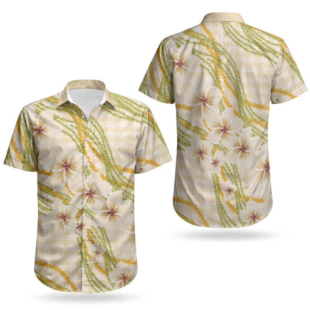 Melemele Ahiahia Hawai'i Palaka Plumeria Couples Matching Tank Maxi Dress and Hawaiian Shirt Puakenikeni and Maile Lei