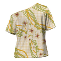 Melemele Ahiahia Hawai'i Palaka Plumeria Cross Shoulder Shirt Puakenikeni and Maile Lei