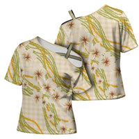 Melemele Ahiahia Hawai'i Palaka Plumeria Cross Shoulder Shirt Puakenikeni and Maile Lei
