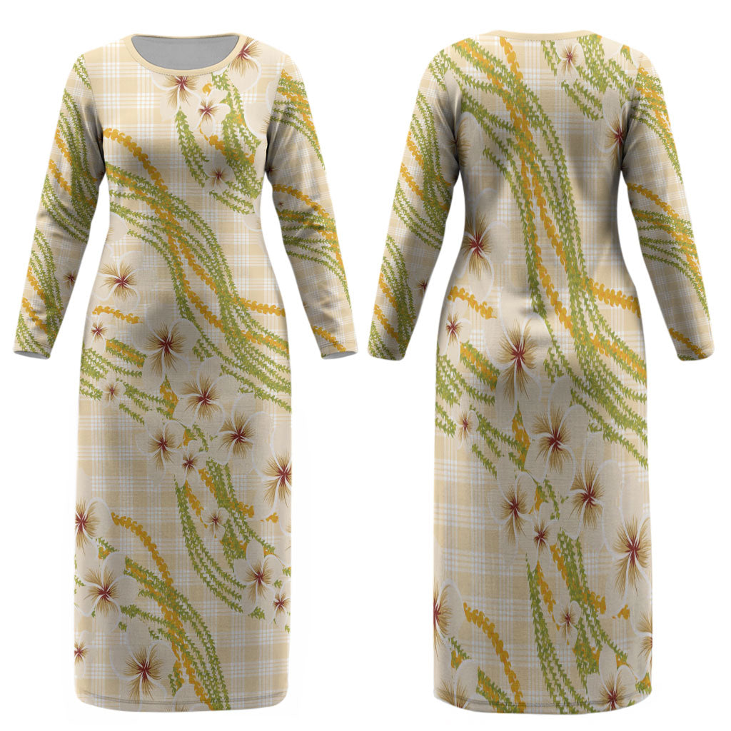 Melemele Ahiahia Hawai'i Palaka Plumeria Family Matching Long Sleeve Bodycon Dress and Hawaiian Shirt Puakenikeni and Maile Lei