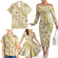 Melemele Ahiahia Hawai'i Palaka Plumeria Family Matching Off The Shoulder Long Sleeve Dress and Hawaiian Shirt Puakenikeni and Maile Lei