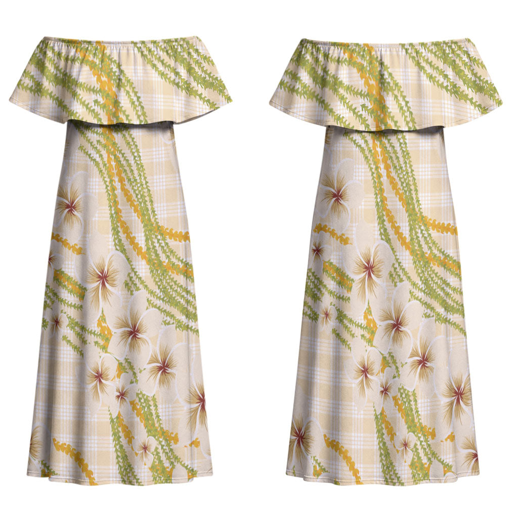 Melemele Ahiahia Hawai'i Palaka Plumeria Family Matching Off Shoulder Maxi Dress and Hawaiian Shirt Puakenikeni and Maile Lei
