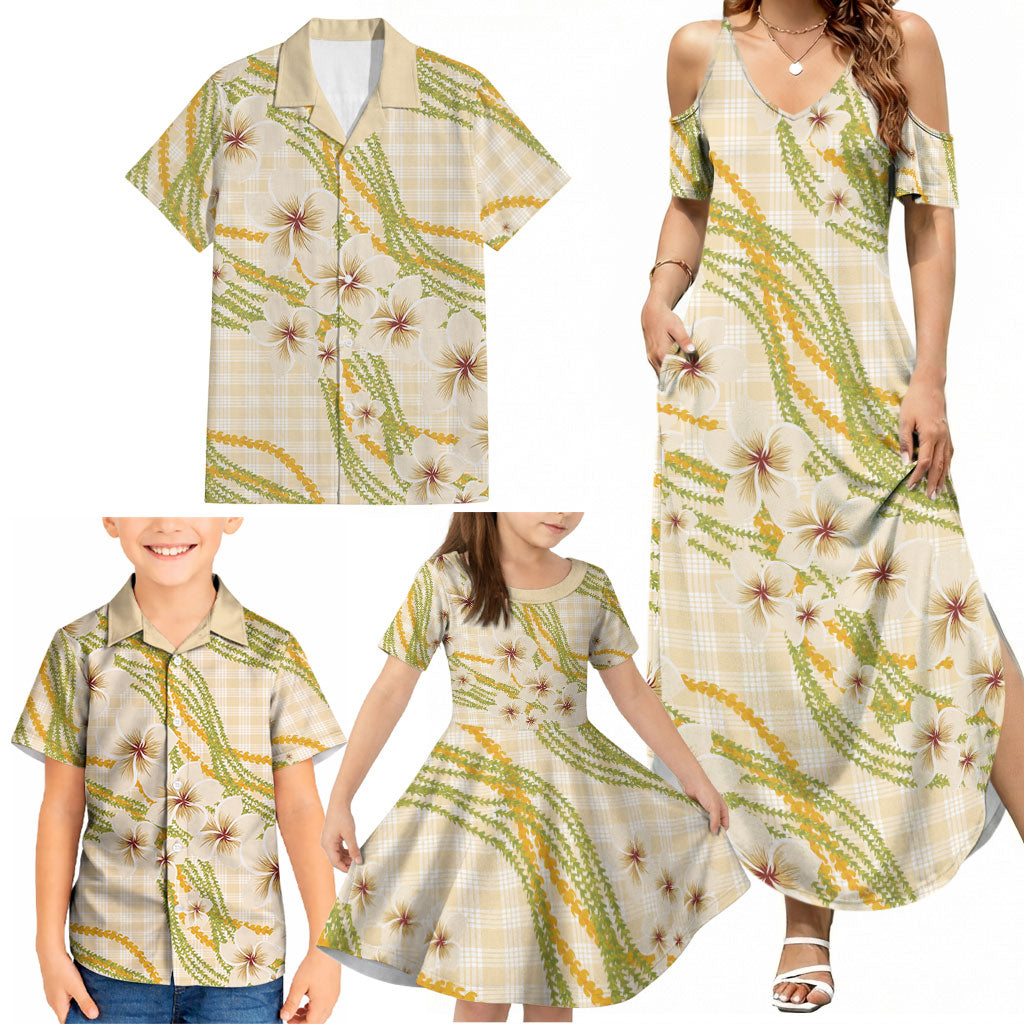 Melemele Ahiahia Hawai'i Palaka Plumeria Family Matching Summer Maxi Dress and Hawaiian Shirt Puakenikeni and Maile Lei LT9 - Polynesian Pride