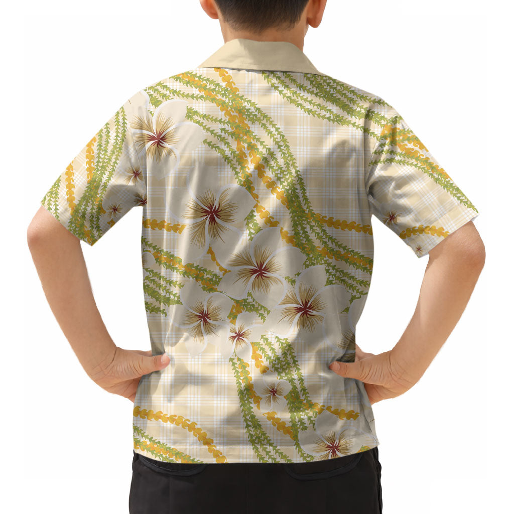 Melemele Ahiahia Hawai'i Palaka Plumeria Kid Hawaiian Shirt Puakenikeni and Maile Lei