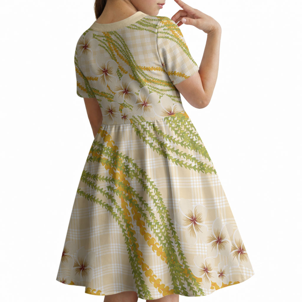 Melemele Ahiahia Hawai'i Palaka Plumeria Kid Short Sleeve Dress Puakenikeni and Maile Lei