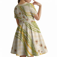 Melemele Ahiahia Hawai'i Palaka Plumeria Kid Short Sleeve Dress Puakenikeni and Maile Lei