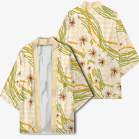 Melemele Ahiahia Hawai'i Palaka Plumeria Kimono Puakenikeni and Maile Lei
