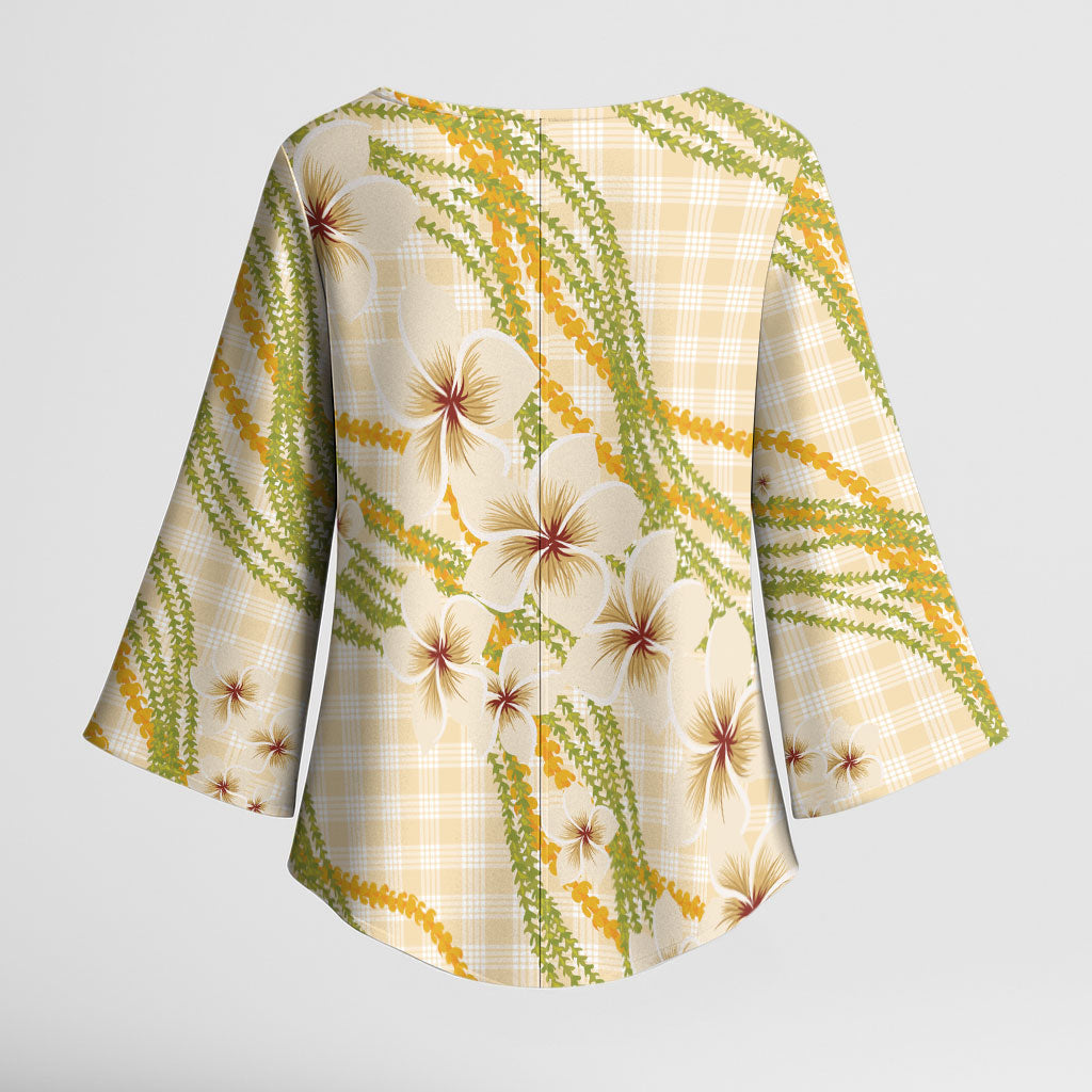 Melemele Ahiahia Hawai'i Palaka Plumeria Kimono Sleeve Blouse Puakenikeni and Maile Lei