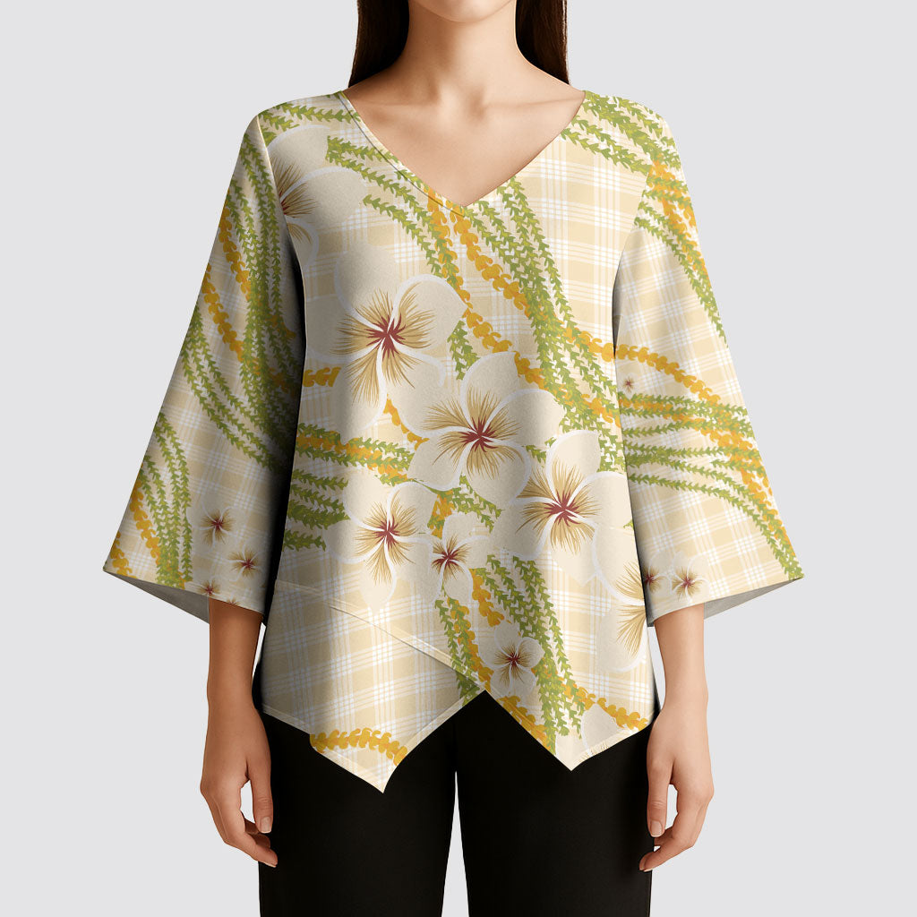 Melemele Ahiahia Hawai'i Palaka Plumeria Kimono Sleeve Blouse Puakenikeni and Maile Lei