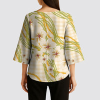 Melemele Ahiahia Hawai'i Palaka Plumeria Kimono Sleeve Blouse Puakenikeni and Maile Lei