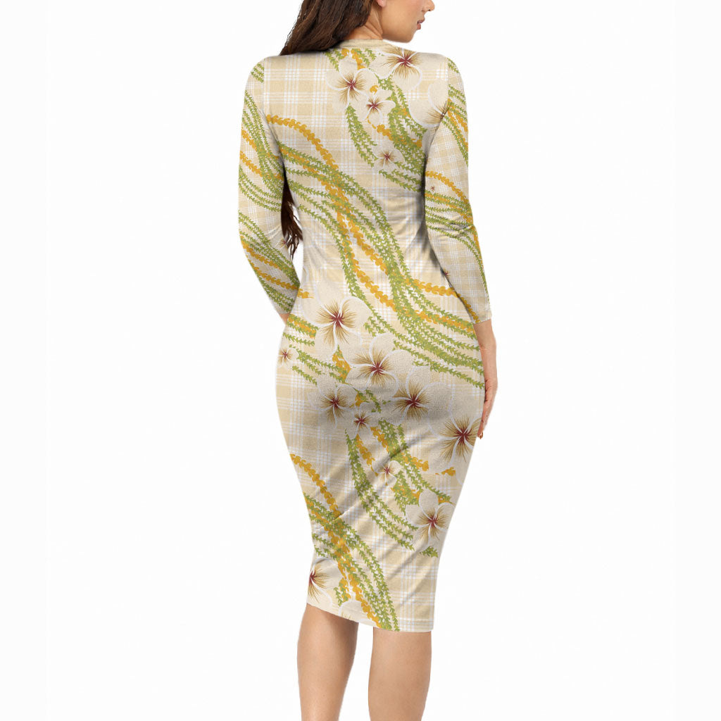 Melemele Ahiahia Hawai'i Palaka Plumeria Long Sleeve Bodycon Dress Puakenikeni and Maile Lei