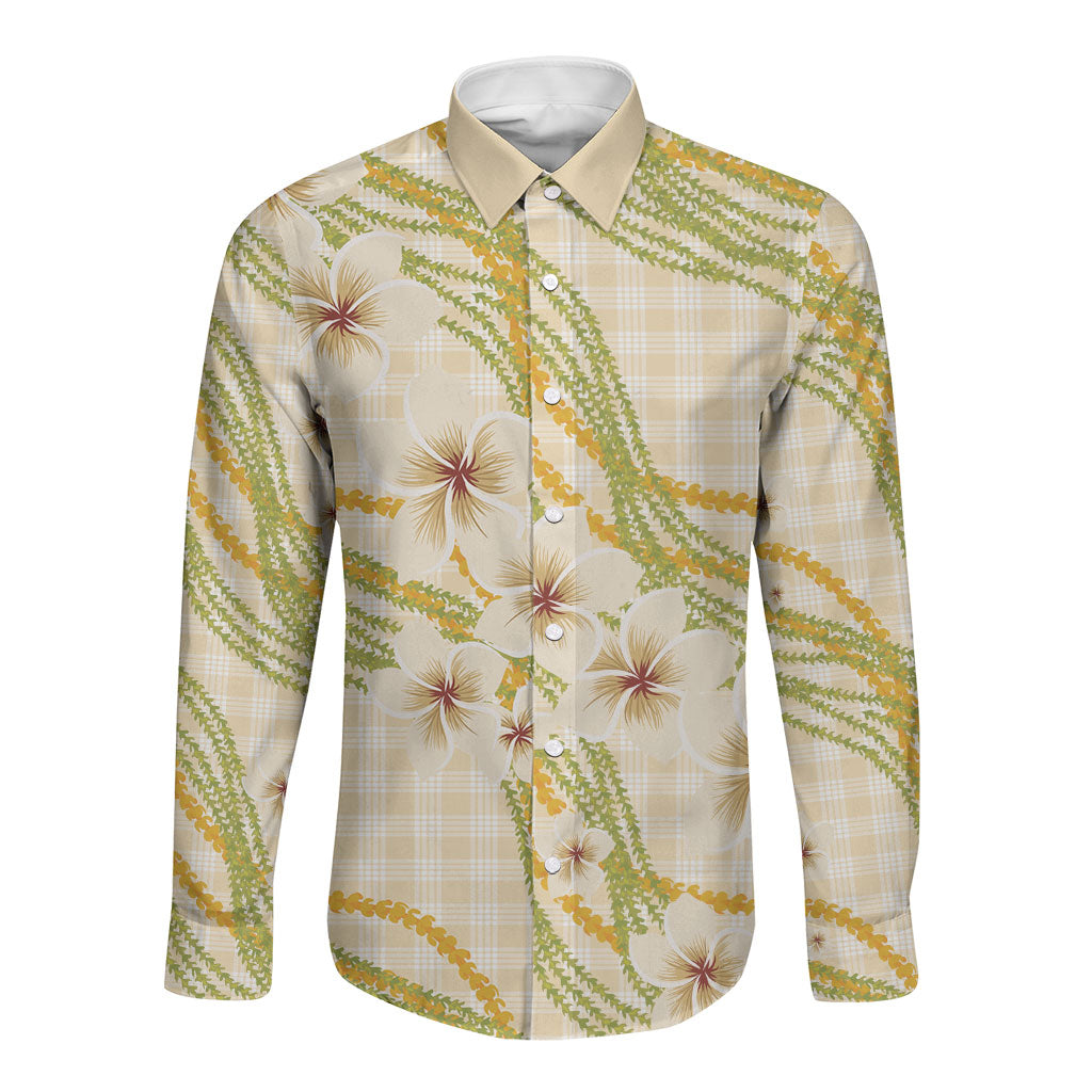 Melemele Ahiahia Hawai'i Palaka Plumeria Long Sleeve Button Shirt Puakenikeni and Maile Lei