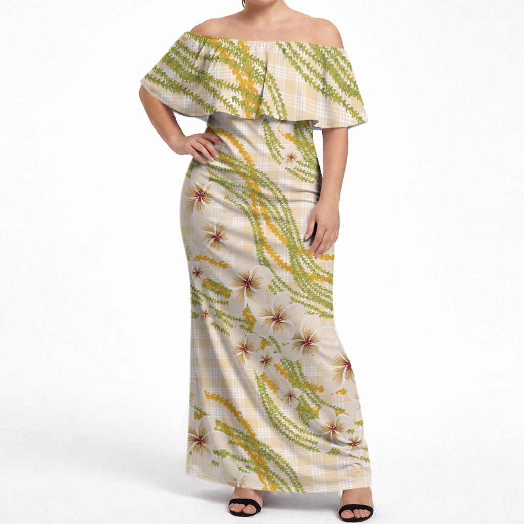 Melemele Ahiahia Hawai'i Palaka Plumeria Off Shoulder Maxi Dress Puakenikeni and Maile Lei