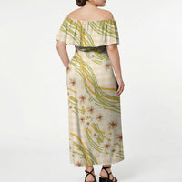 Melemele Ahiahia Hawai'i Palaka Plumeria Off Shoulder Maxi Dress Puakenikeni and Maile Lei