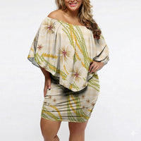 Melemele Ahiahia Hawai'i Palaka Plumeria Off Shoulder Short Dress Puakenikeni and Maile Lei