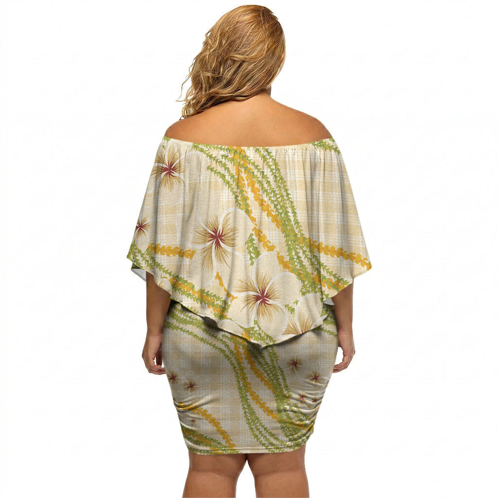 Melemele Ahiahia Hawai'i Palaka Plumeria Off Shoulder Short Dress Puakenikeni and Maile Lei