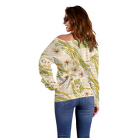 Melemele Ahiahia Hawai'i Palaka Plumeria Off Shoulder Sweater Puakenikeni and Maile Lei