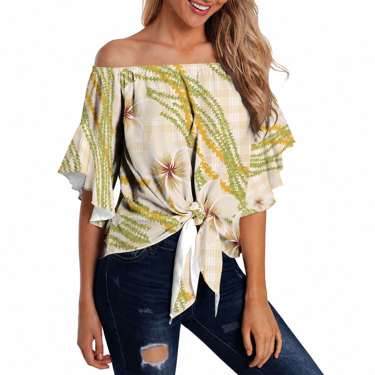 Melemele Ahiahia Hawai'i Palaka Plumeria Off Shoulder Wrap Waist Top Puakenikeni and Maile Lei LT9 - Polynesian Pride