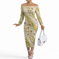 Melemele Ahiahia Hawai'i Palaka Plumeria Off The Shoulder Long Sleeve Dress Puakenikeni and Maile Lei
