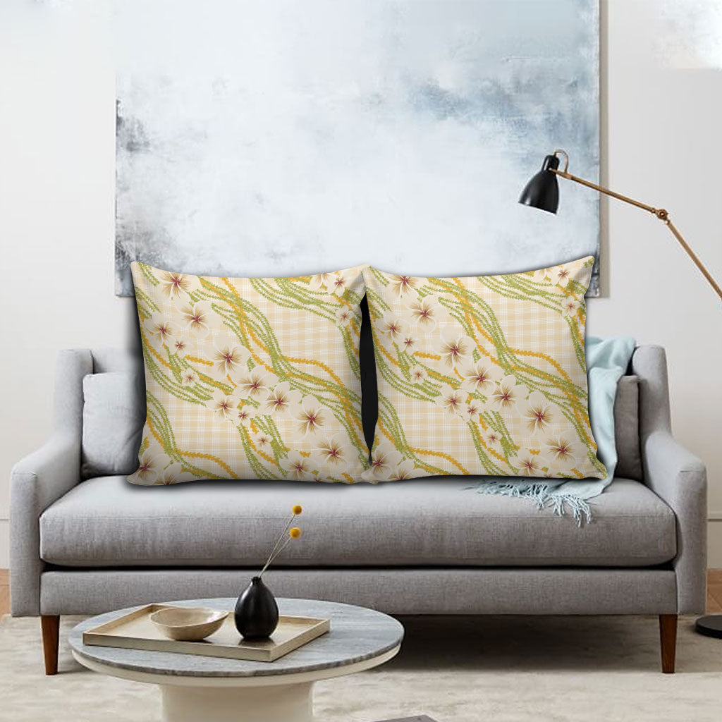 Melemele Ahiahia Hawai'i Palaka Plumeria Pillow Cover Puakenikeni and Maile Lei