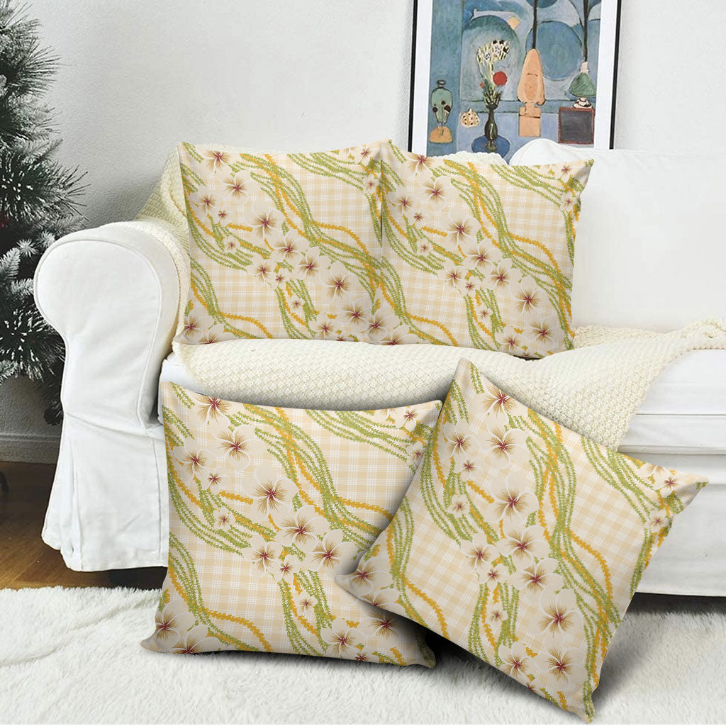 Melemele Ahiahia Hawai'i Palaka Plumeria Pillow Cover Puakenikeni and Maile Lei