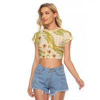 Melemele Ahiahia Hawai'i Palaka Plumeria Raglan Cropped T Shirt Puakenikeni and Maile Lei