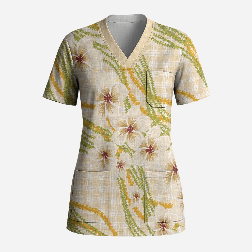 Melemele Ahiahia Hawai'i Palaka Plumeria Scrub Top Puakenikeni and Maile Lei