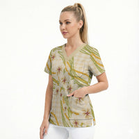 Melemele Ahiahia Hawai'i Palaka Plumeria Scrub Top Puakenikeni and Maile Lei