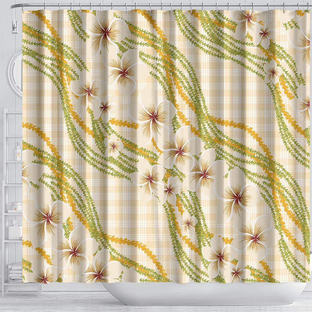 Melemele Ahiahia Hawai'i Palaka Plumeria Shower Curtain Puakenikeni and Maile Lei