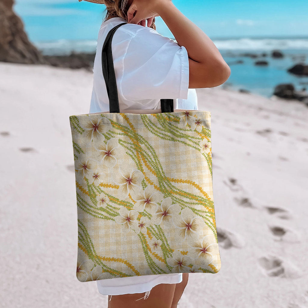 Melemele Ahiahia Hawai'i Palaka Plumeria Tote Bag Puakenikeni and Maile Lei