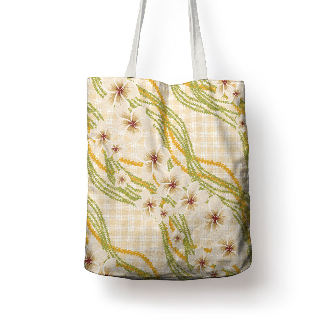 Melemele Ahiahia Hawai'i Palaka Plumeria Tote Bag Puakenikeni and Maile Lei