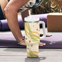Melemele Ahiahia Hawai'i Palaka Plumeria Tumbler With Handle Puakenikeni and Maile Lei