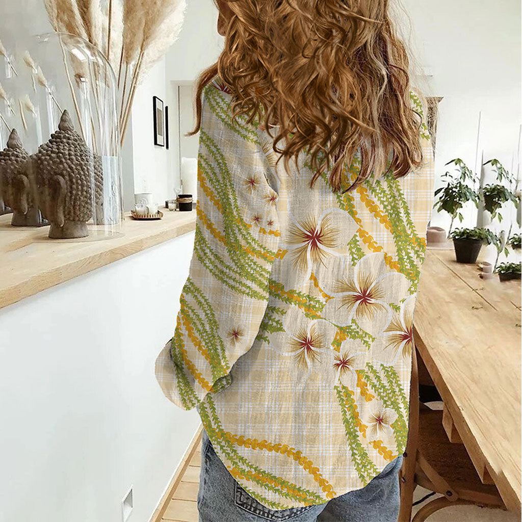 Melemele Ahiahia Hawai'i Palaka Plumeria Women Casual Shirt Puakenikeni and Maile Lei