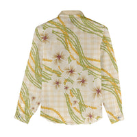 Melemele Ahiahia Hawai'i Palaka Plumeria Women Casual Shirt Puakenikeni and Maile Lei