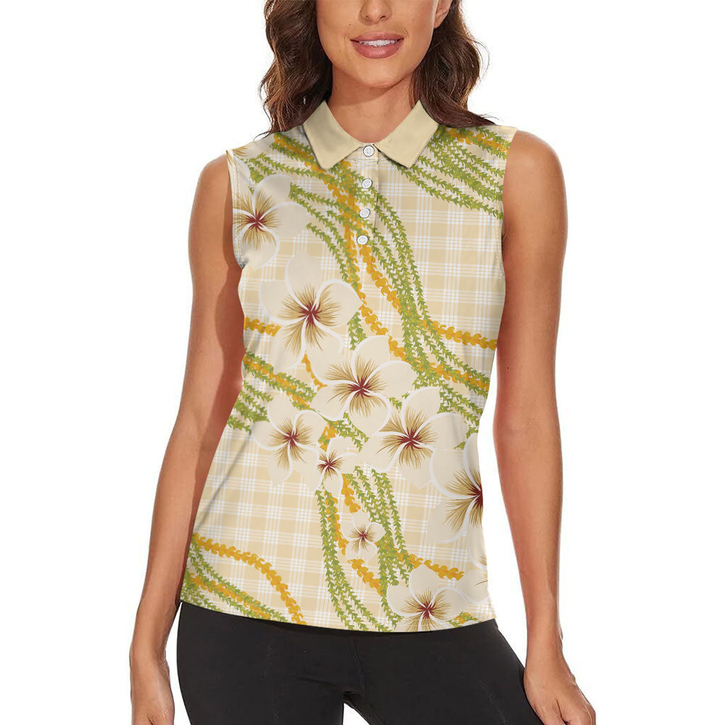 Melemele Ahiahia Hawai'i Palaka Plumeria Women Sleeveless Polo Shirt Puakenikeni and Maile Lei