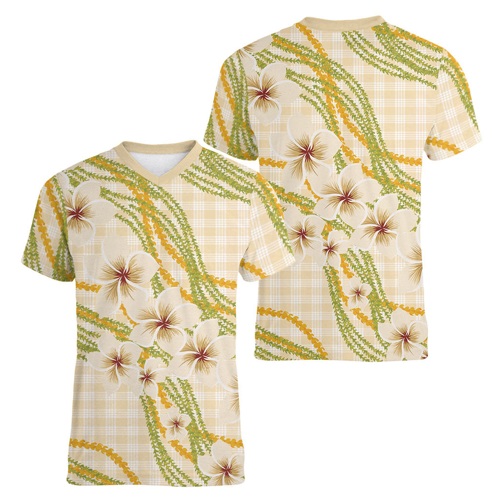 Melemele Ahiahia Hawai'i Palaka Plumeria Women V-Neck T-Shirt Puakenikeni and Maile Lei