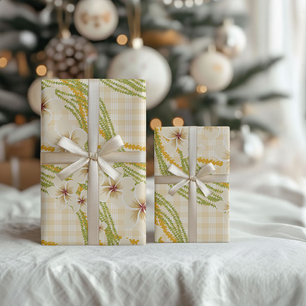 Melemele Ahiahia Hawai'i Palaka Plumeria Wrapping Paper Puakenikeni and Maile Lei
