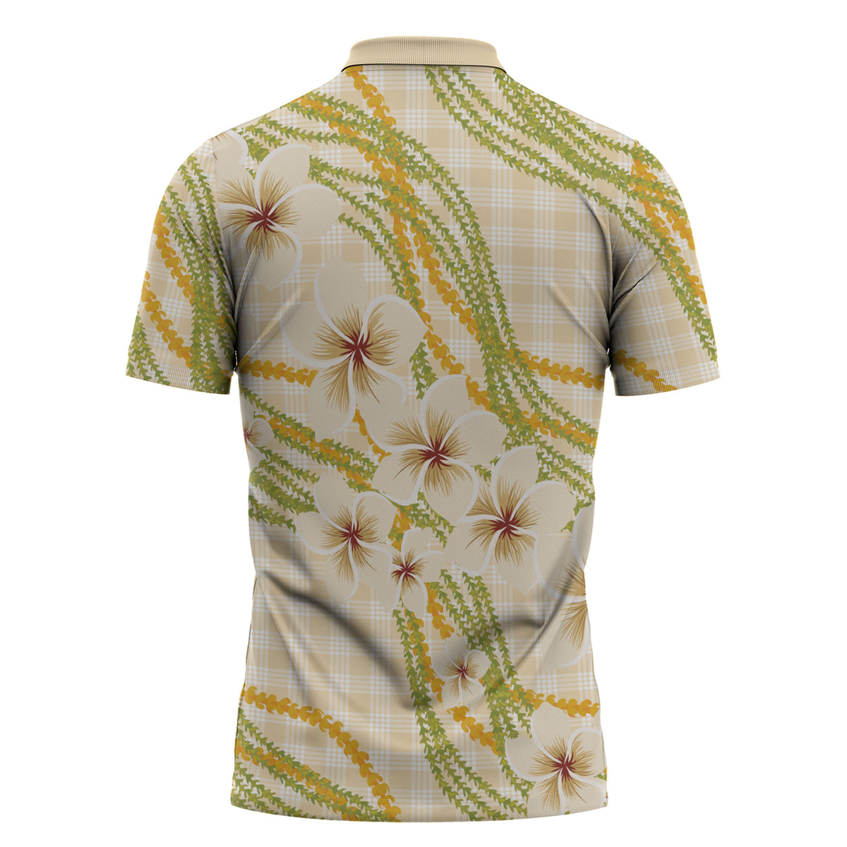Melemele Ahiahia Hawai'i Palaka Plumeria Zipper Polo Shirt Puakenikeni and Maile Lei