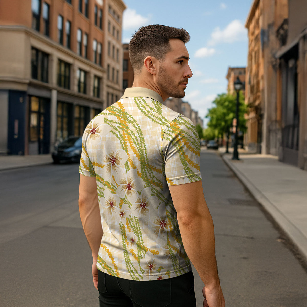 Melemele Ahiahia Hawai'i Palaka Plumeria Zipper Polo Shirt Puakenikeni and Maile Lei