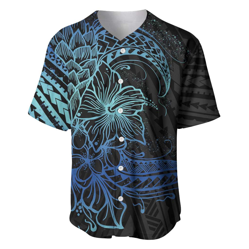 Floral Polynesian Hibiscus Tattoo Baseball Jersey Blue Gradient Style