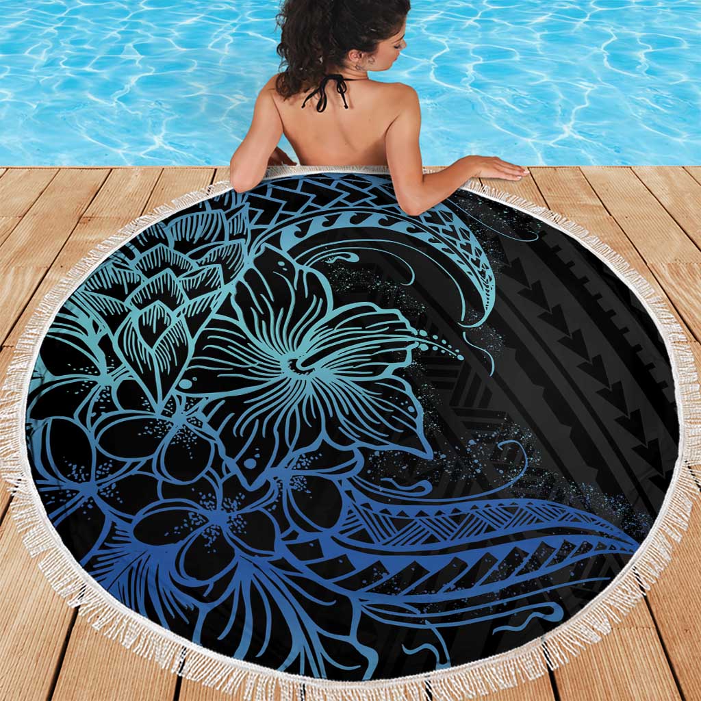 Floral Polynesian Hibiscus Tattoo Beach Blanket Blue Gradient Style