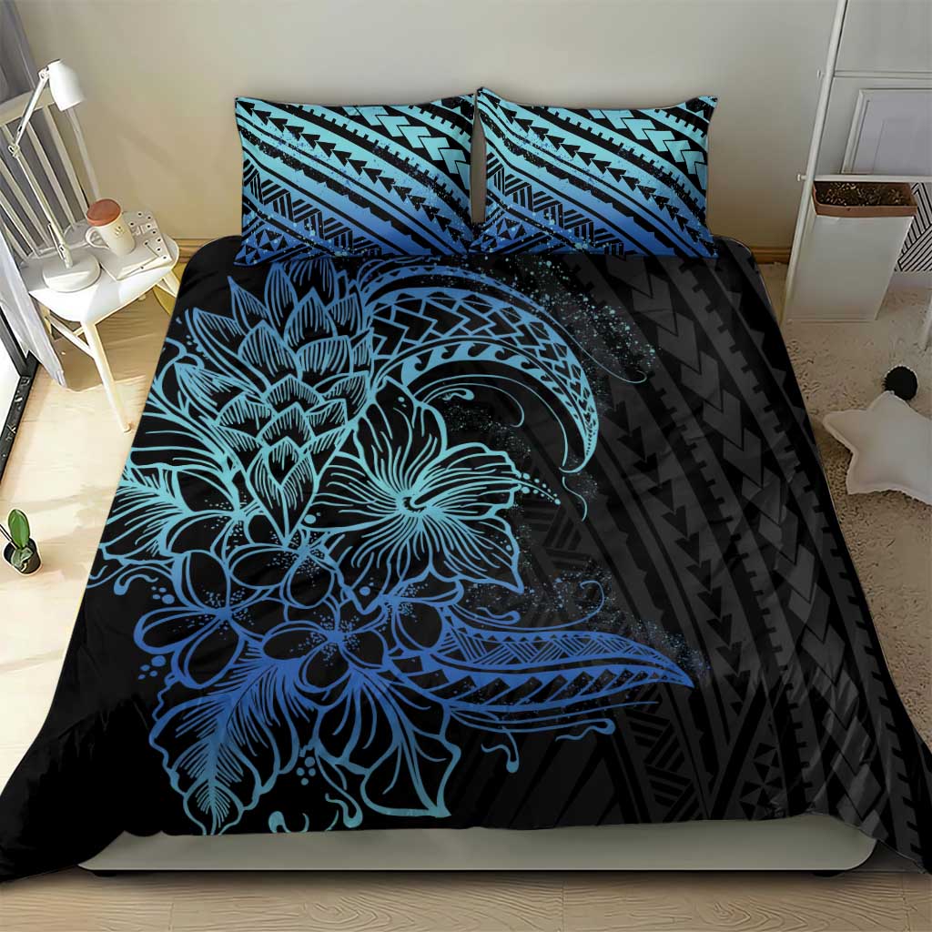 Floral Polynesian Hibiscus Tattoo Bedding Set Blue Gradient Style
