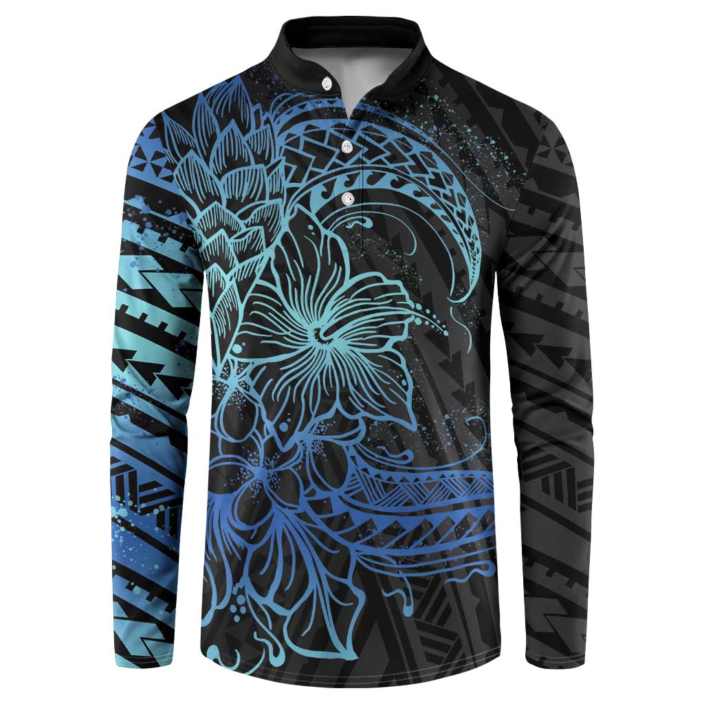 Floral Polynesian Hibiscus Tattoo Button Sweatshirt Blue Gradient Style
